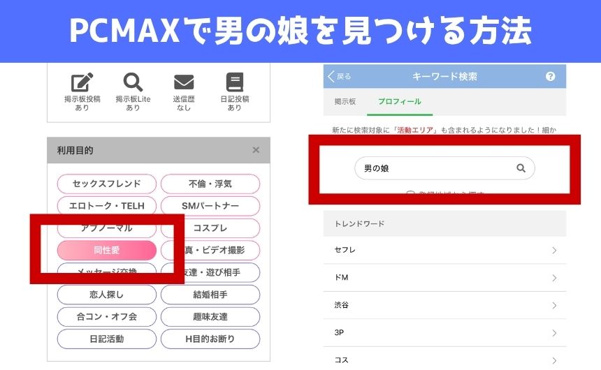 PCMAXで男の娘を見つける方法の実機画像