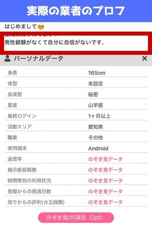 PCMAXにいた実際の処女偽り業者の画面