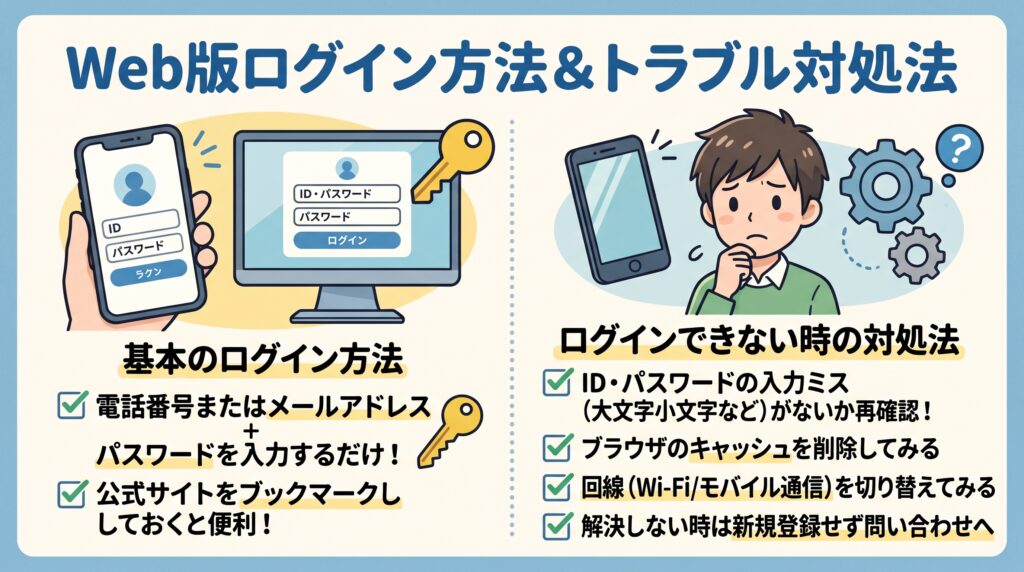 Web版のログイン方法とログインできない時の対処の概要