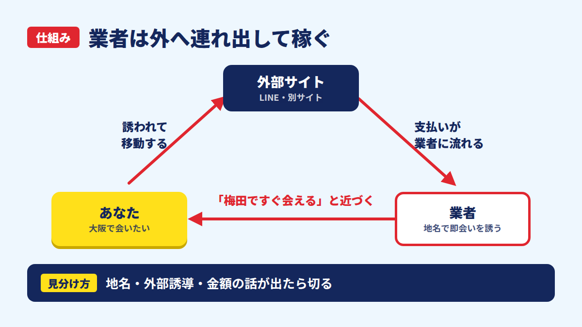 業者が地名で近づき、外部サイトへ移させてお金を取る仕組み