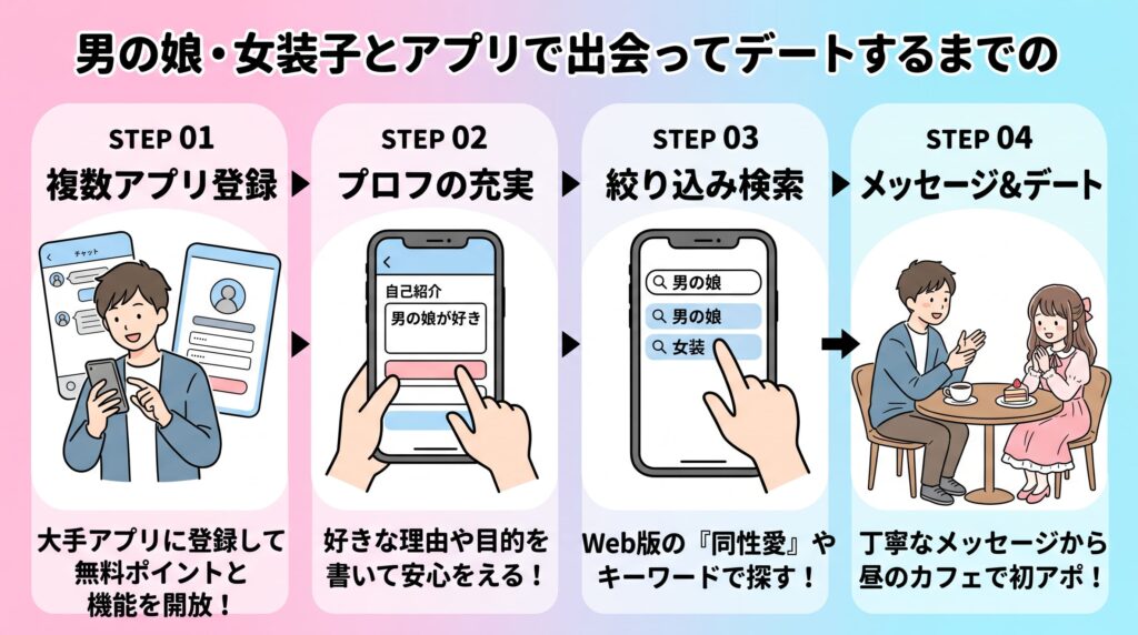 【ロードマップ】アプリ登録から男の娘とデートするまでの具体的手順の概要