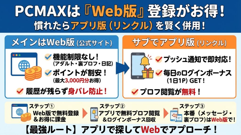 【結論】PCMAXはWeb版で登録し、慣れたらアプリ版を併用するのがおすすめの概要