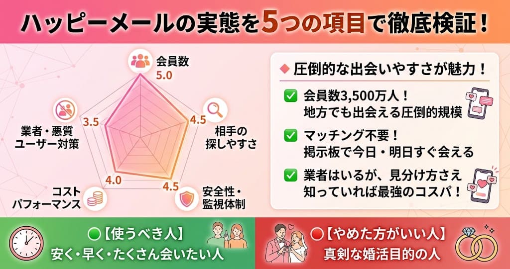 【結論と総合評価】ハッピーメールの実態を5つの項目で徹底検証の概要