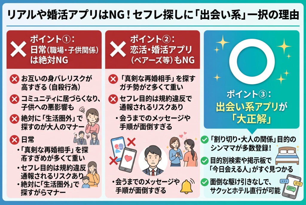 シングルマザーのセフレを探すなら「出会い系アプリ」一択の理由の概要