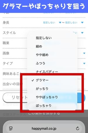 ハッピーメールのスタイル検索の画面