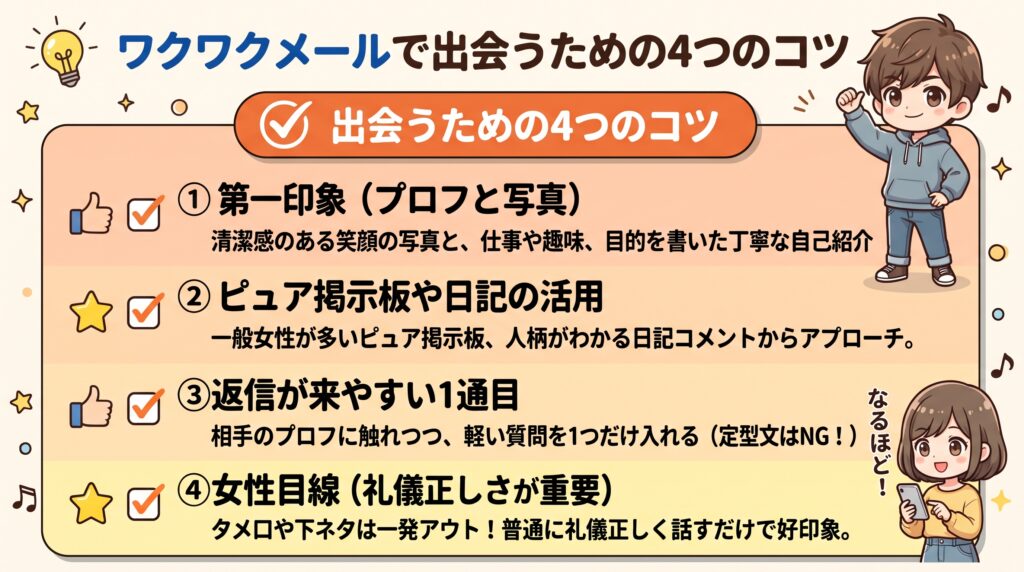 ワクワクメールで女性と確実に出会うための4つのコツの概要