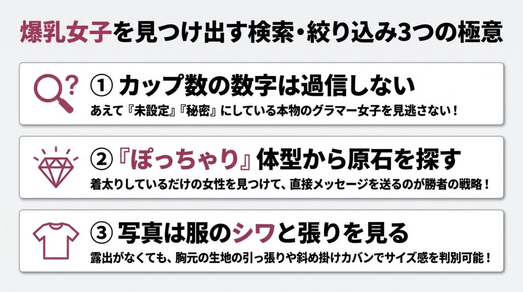 出会い系アプリで爆乳女子を確実に見つけ出す「検索・絞り込みテクニック」の概要