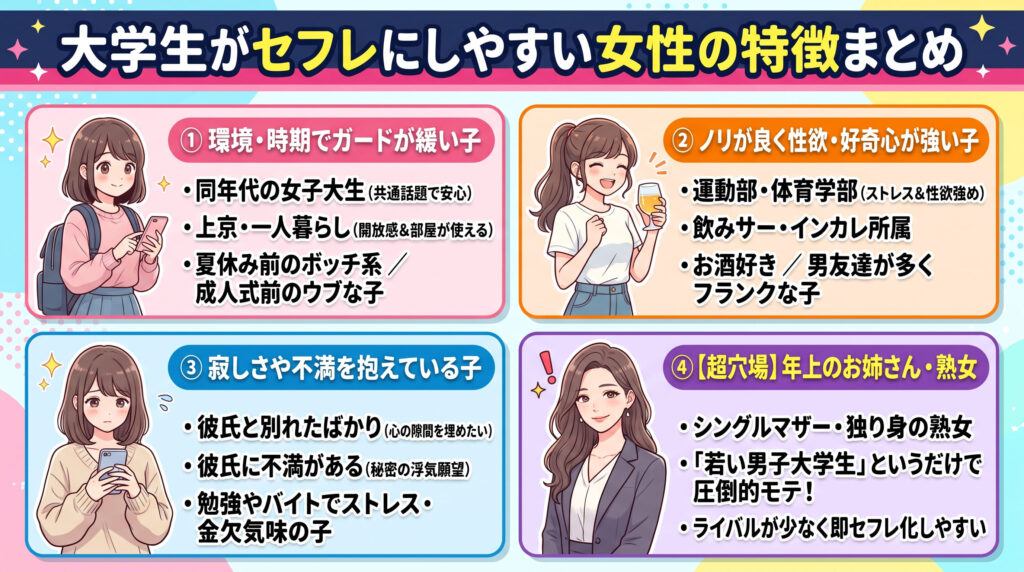 大学生がセフレにしやすい女性の特徴の概要