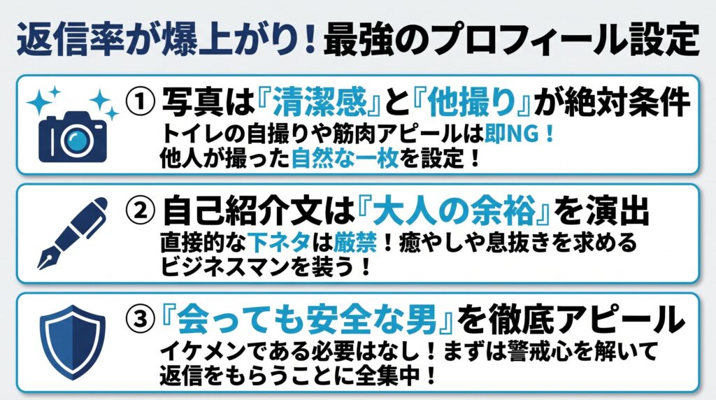 爆乳女子からの返信率が劇的に上がる！男性側のプロフィール設定の概要